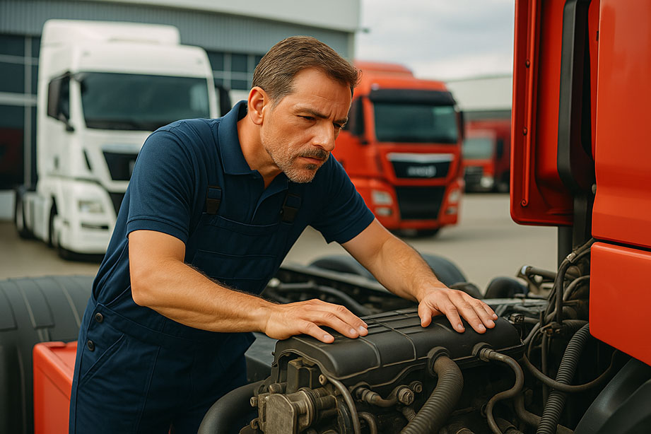 Close-up of a mechanic inspecting a trailer truck engine at a trailer truck dealership.